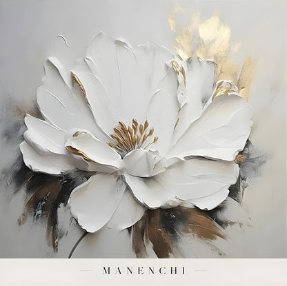 Close-up detail of the textured brushwork in Ivory Gilded Bloom