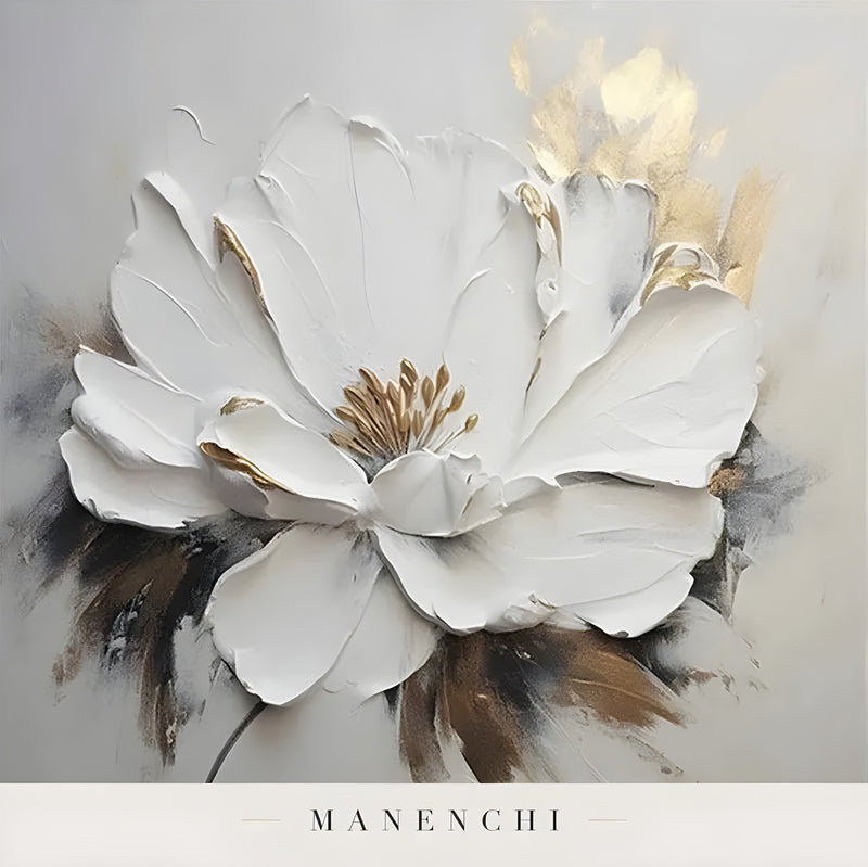 Close-up detail of the textured brushwork in Ivory Gilded Bloom