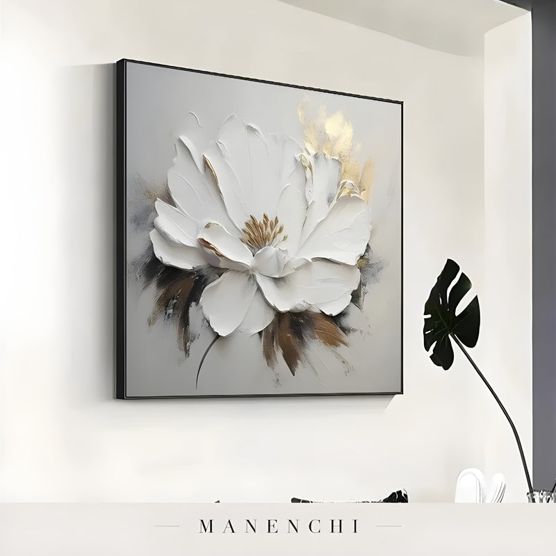 Ivory Gilded Bloom abstract painting displayed in framed painting on wall