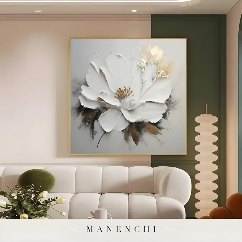 Ivory Gilded Bloom abstract painting displayed in painting above modern sofa
