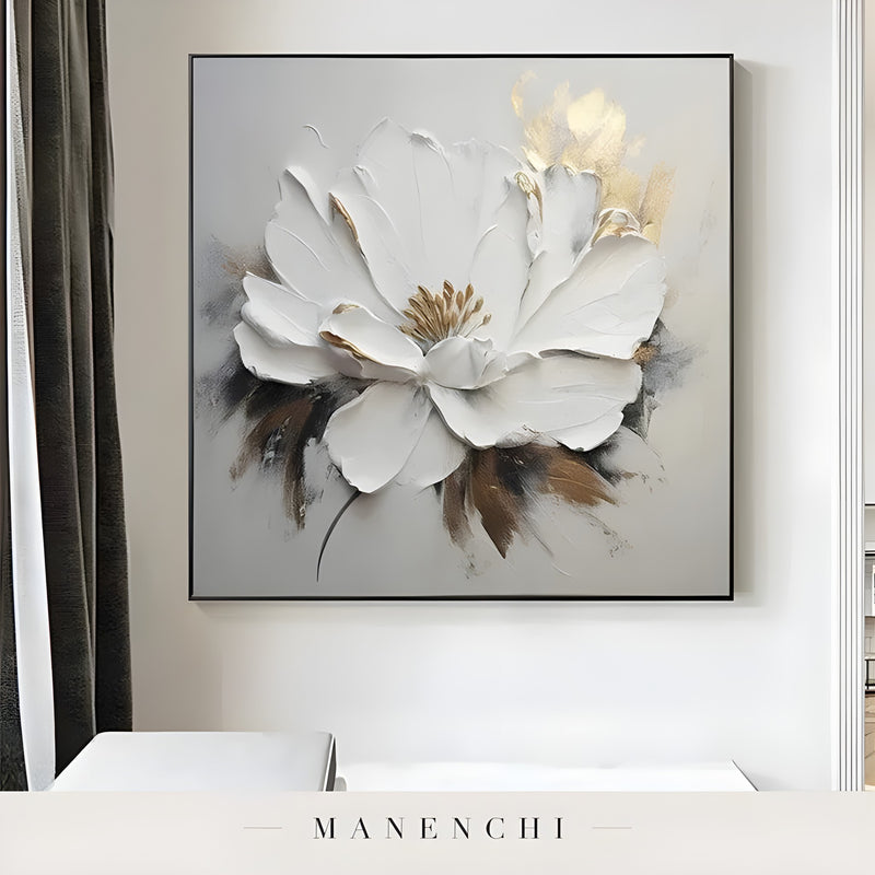 Ivory Gilded Bloom abstract painting displayed in painting beside curtained window