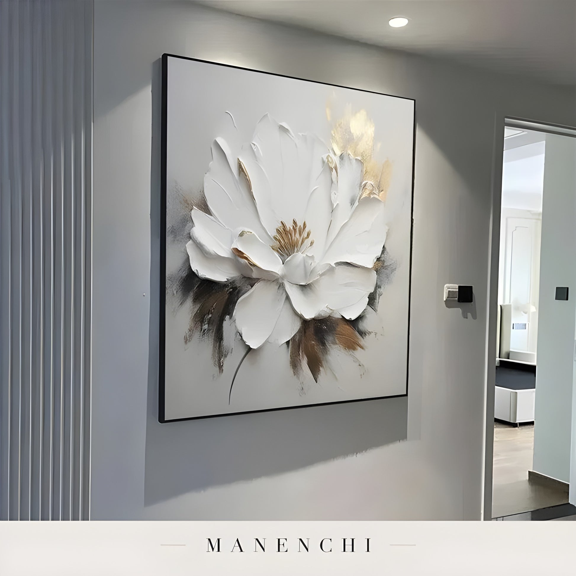 Ivory Gilded Bloom abstract painting displayed in painting in modern hallway