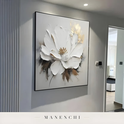 Ivory Gilded Bloom abstract painting displayed in painting in modern hallway