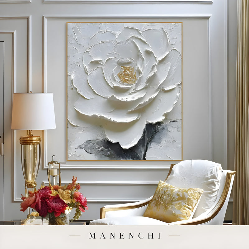 Ivory Gilded Petal abstract painting displayed in elegant living room display