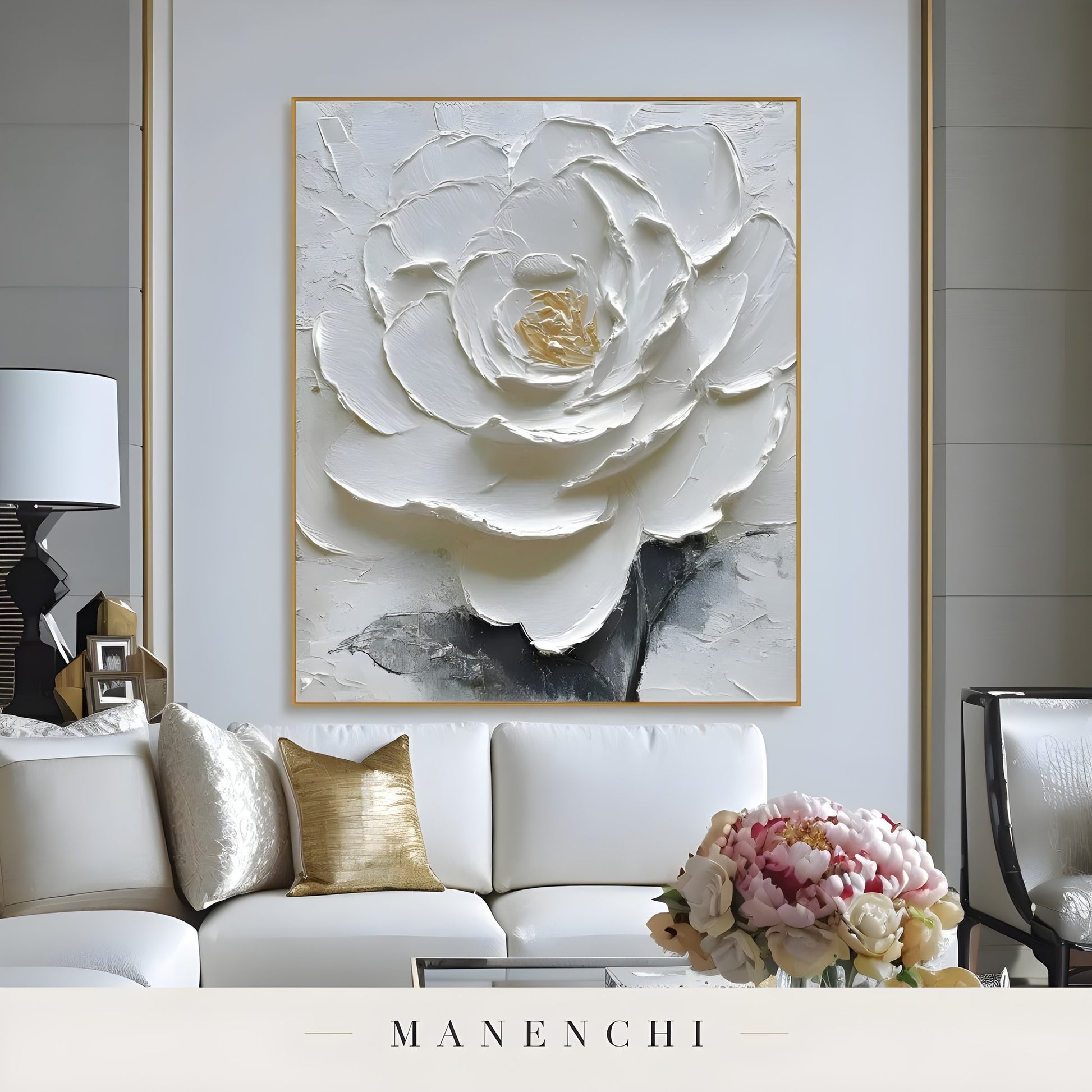 Ivory Gilded Petal - original hand-painted abstract painting by Manenchi