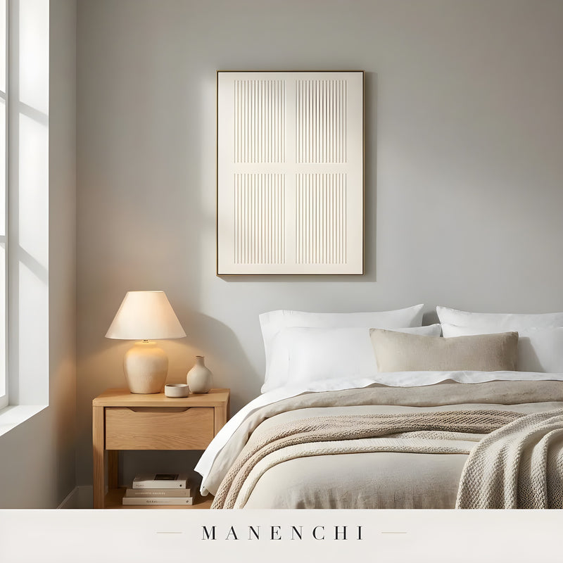 Ivory Linear Relief abstract painting displayed in bedroom with nightstand