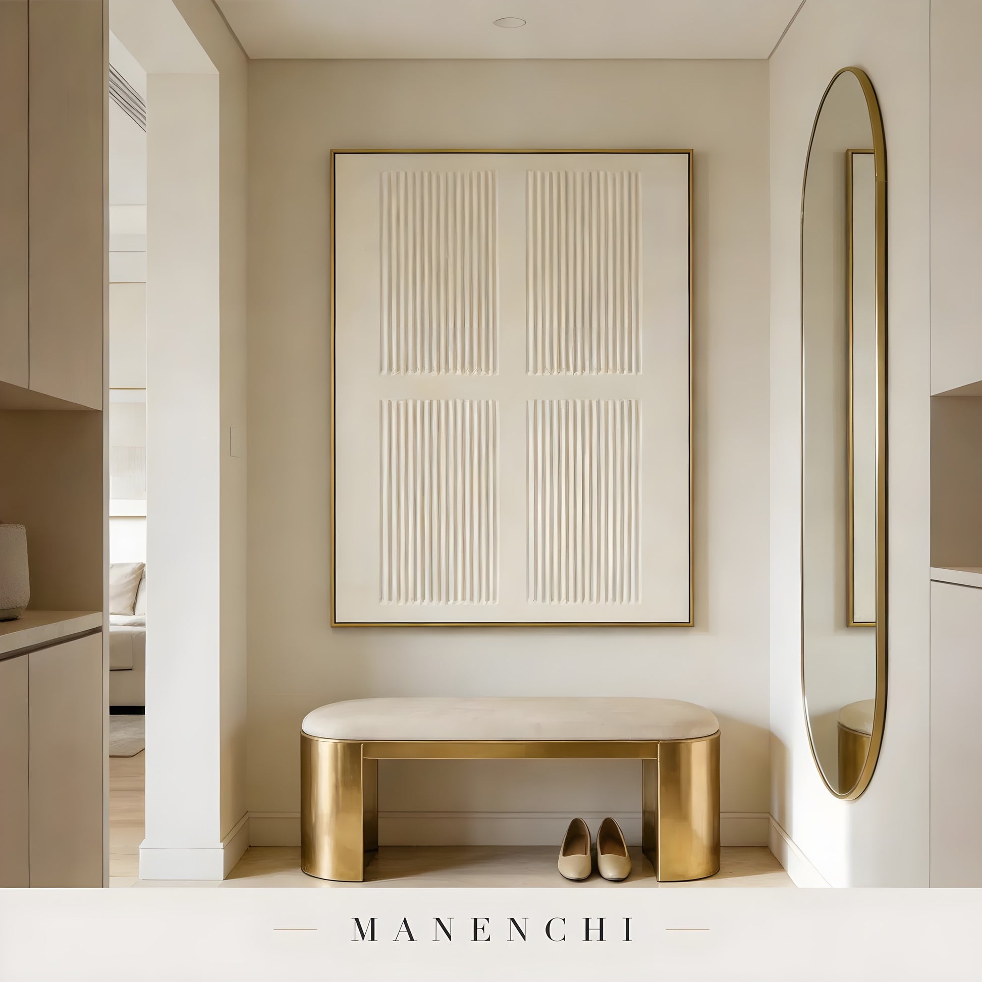 Ivory Linear Relief abstract painting displayed in entryway with gold bench