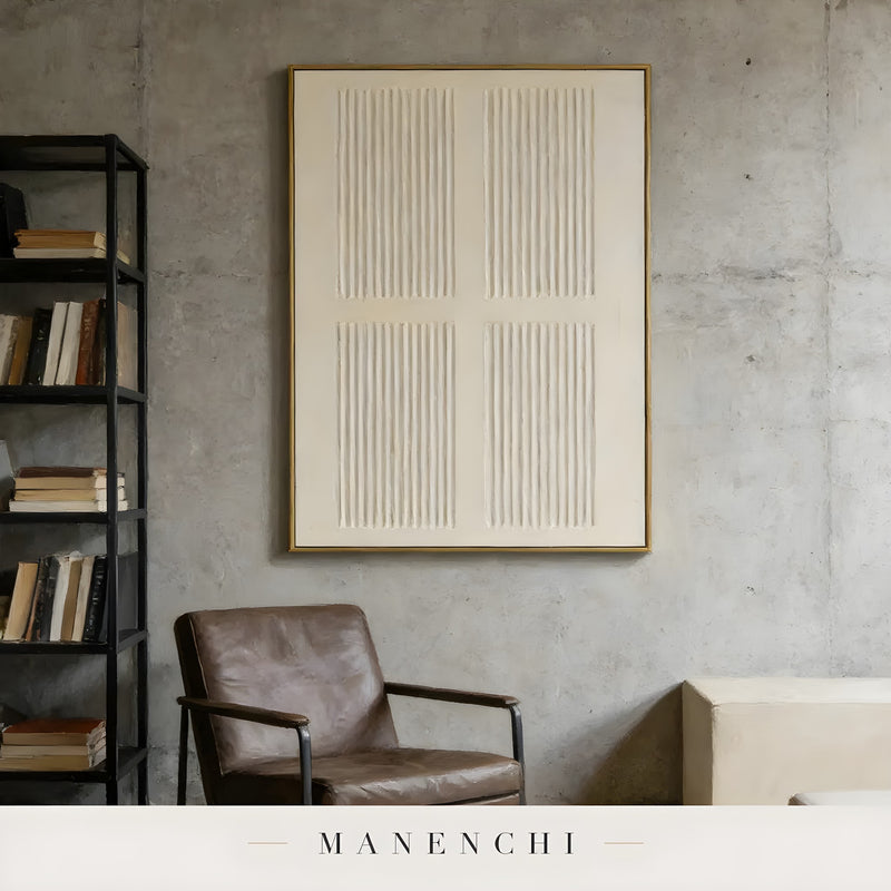 Ivory Linear Relief abstract painting displayed in living room with bookshelf