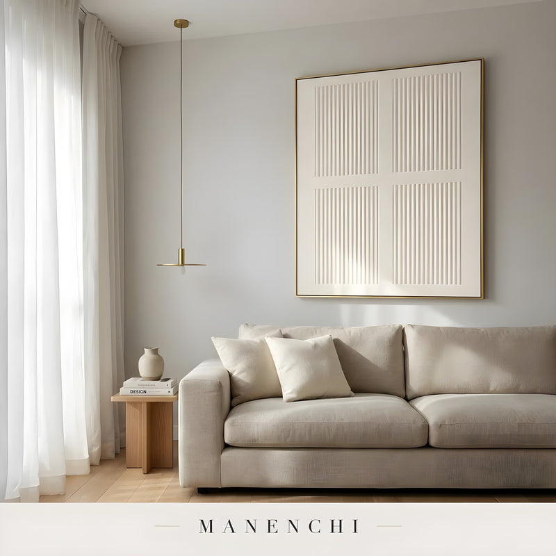 Ivory Linear Relief abstract painting displayed in living room with sofa