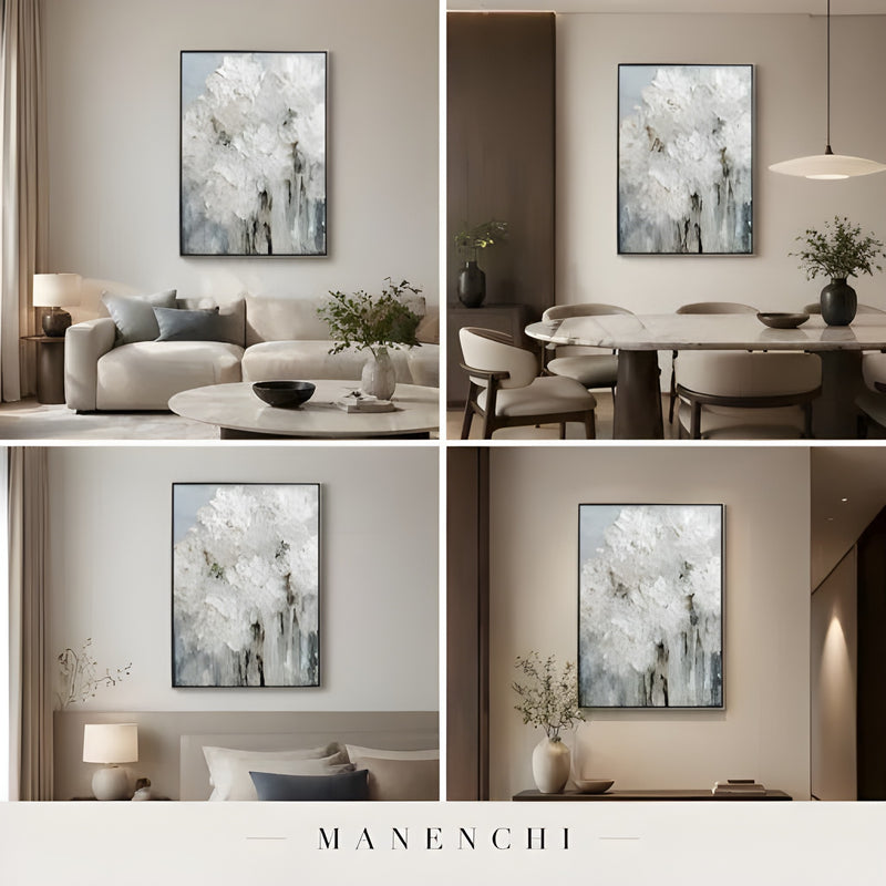 Ivory Petal Abstraction abstract painting displayed in living room dining bedroom entryway decor
