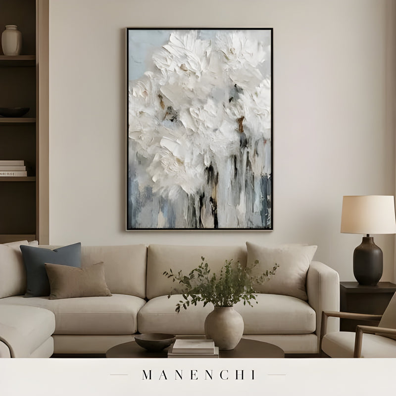 Ivory Petal Abstraction abstract painting displayed in living room sofa decor