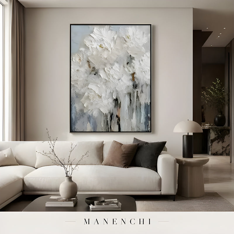 Ivory Petal Abstraction abstract painting displayed in living room sofa sofa table