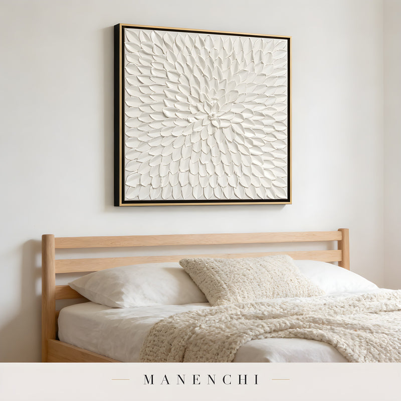 Ivory Petal Bloom abstract painting displayed in bedroom wall art