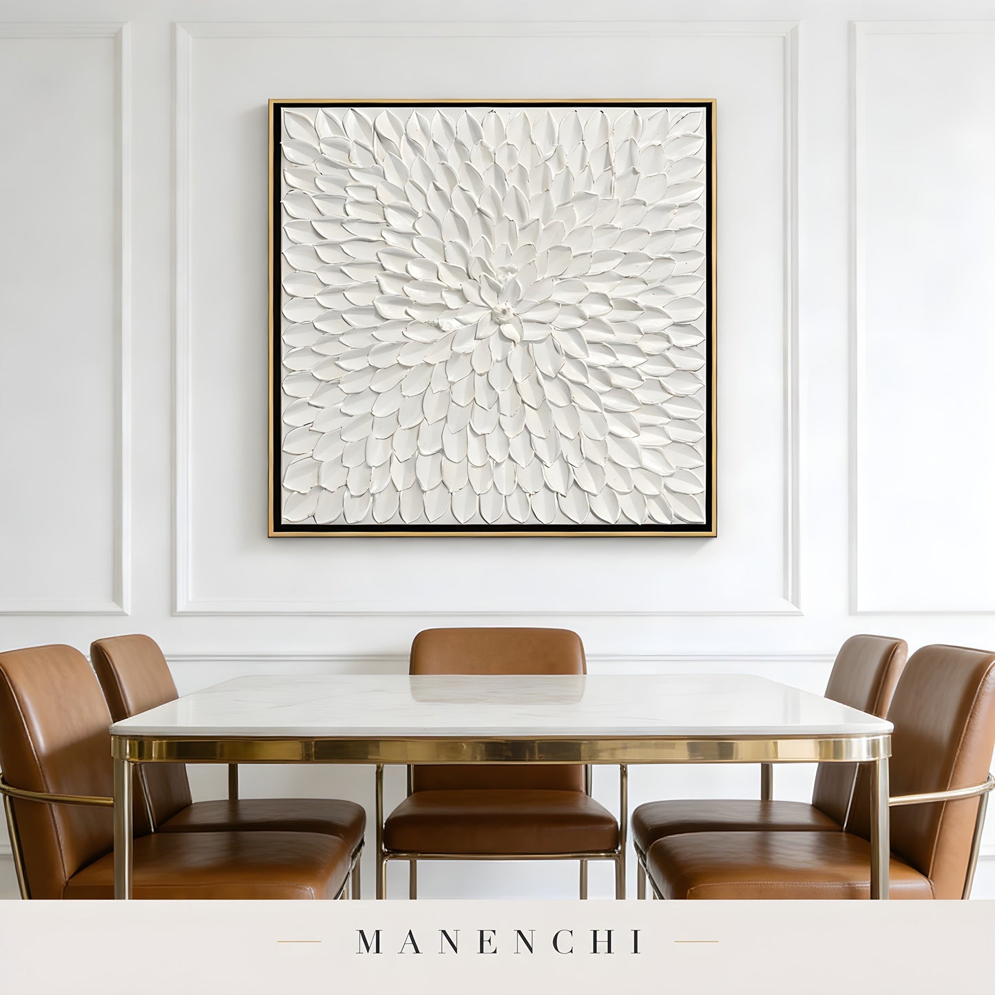 Ivory Petal Bloom abstract painting displayed in dining room setting