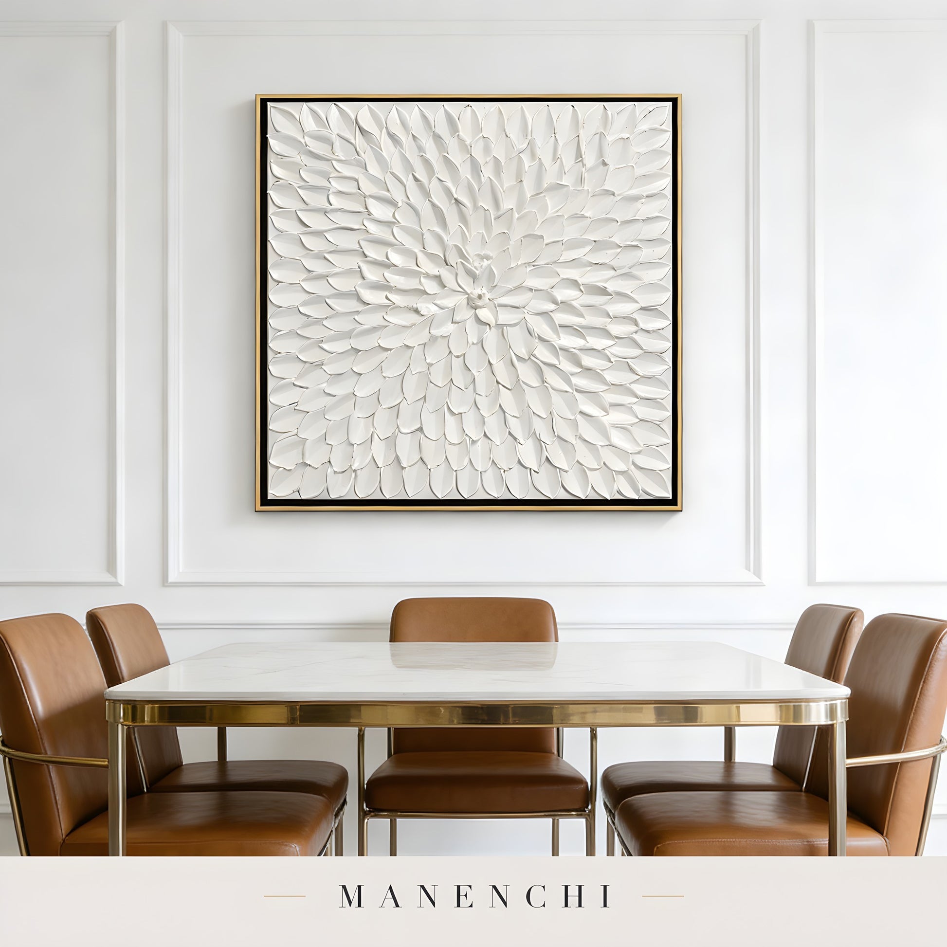 Ivory Petal Bloom abstract painting displayed in dining room setting