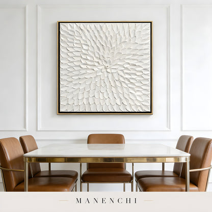 Ivory Petal Bloom abstract painting displayed in dining room setting