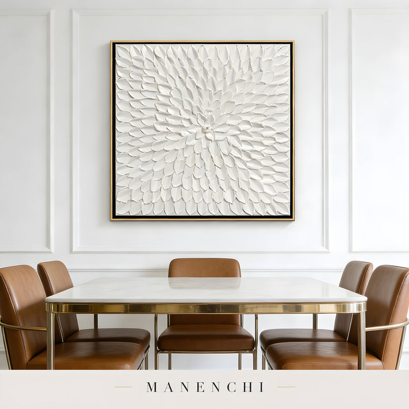 Ivory Petal Bloom abstract painting displayed in dining room setting