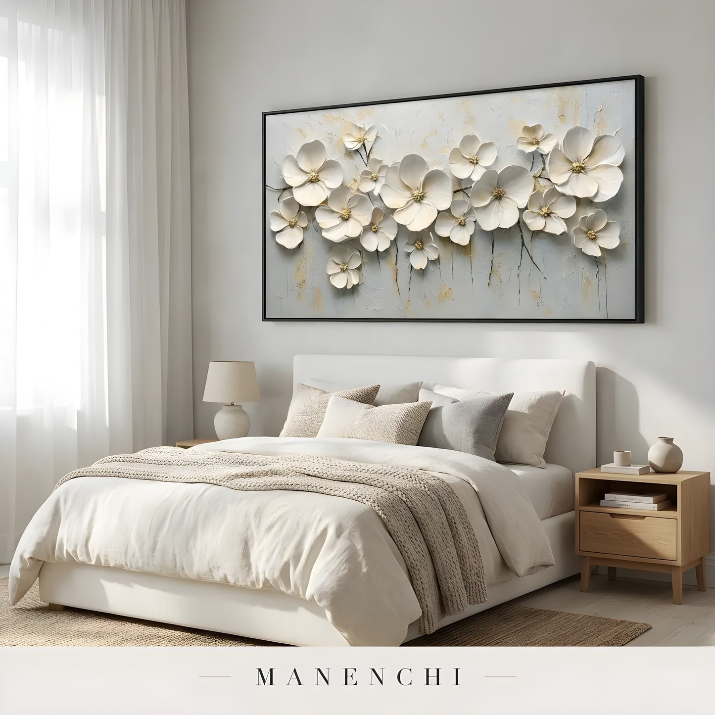 Ivory Petal Grace abstract painting displayed in cozy bedroom interior