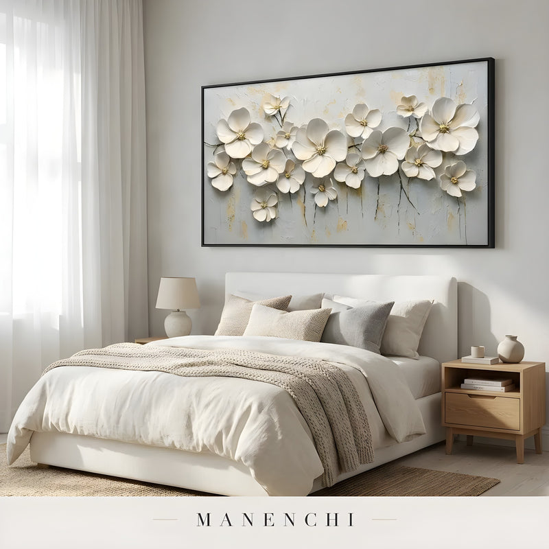 Ivory Petal Grace abstract painting displayed in cozy bedroom interior