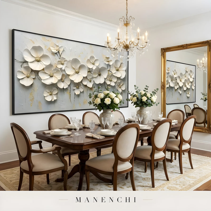 Ivory Petal Grace abstract painting displayed in dining room setup