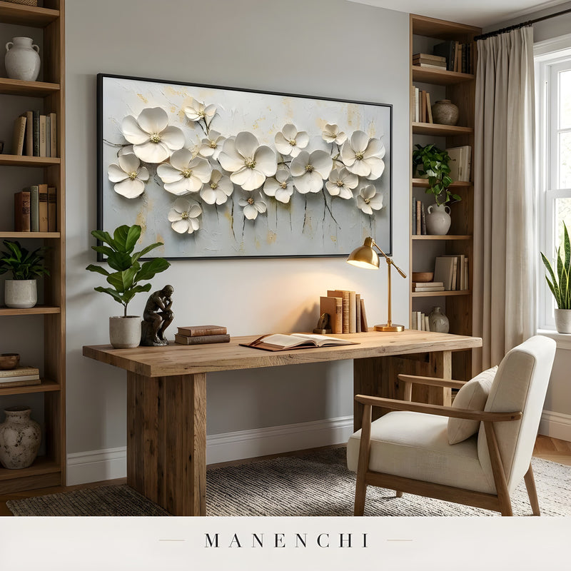 Ivory Petal Grace abstract painting displayed in home office desk