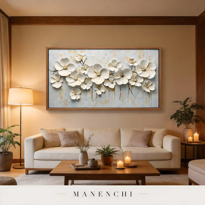 Ivory Petal Grace abstract painting displayed in living room