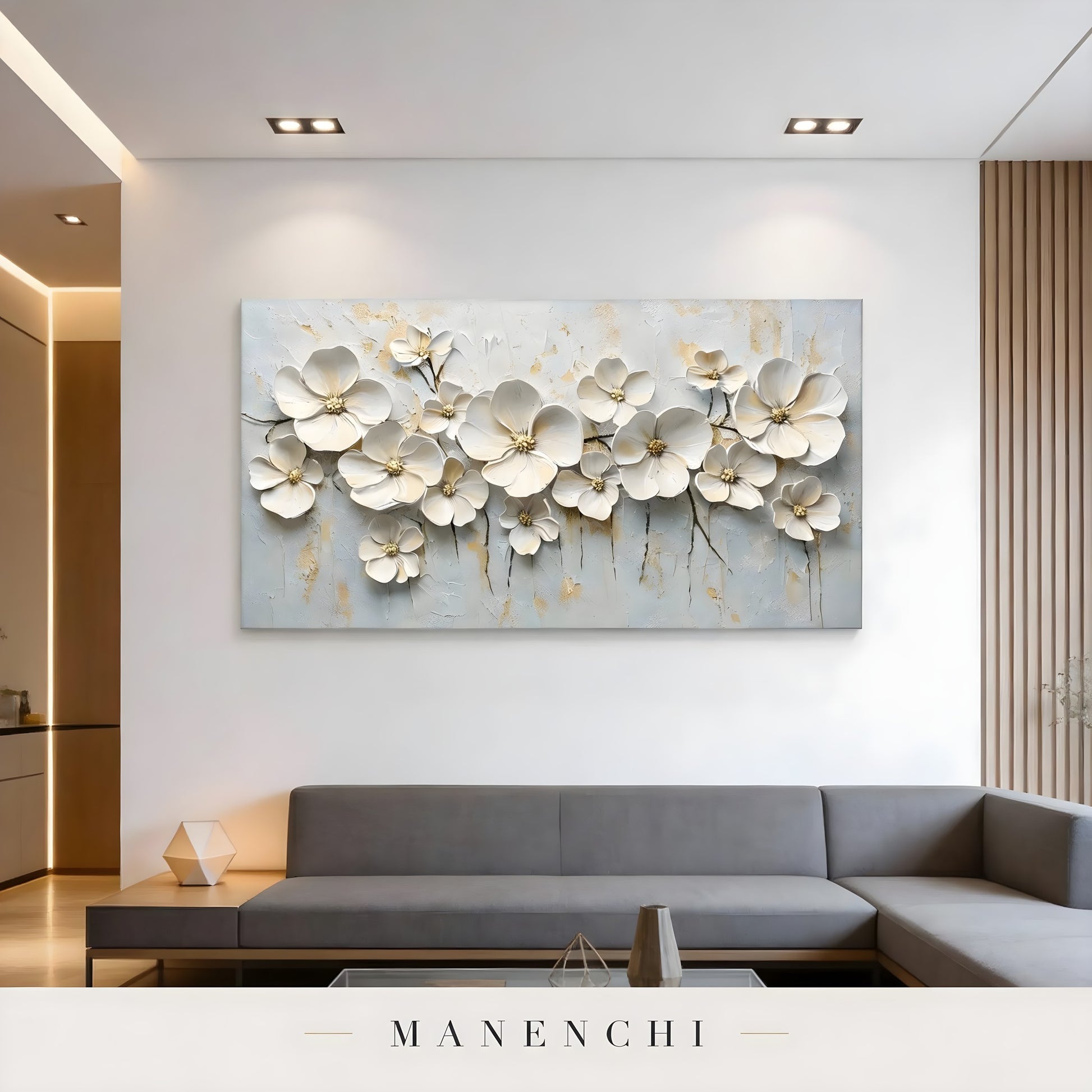 Ivory Petal Grace abstract painting displayed in minimalist living room