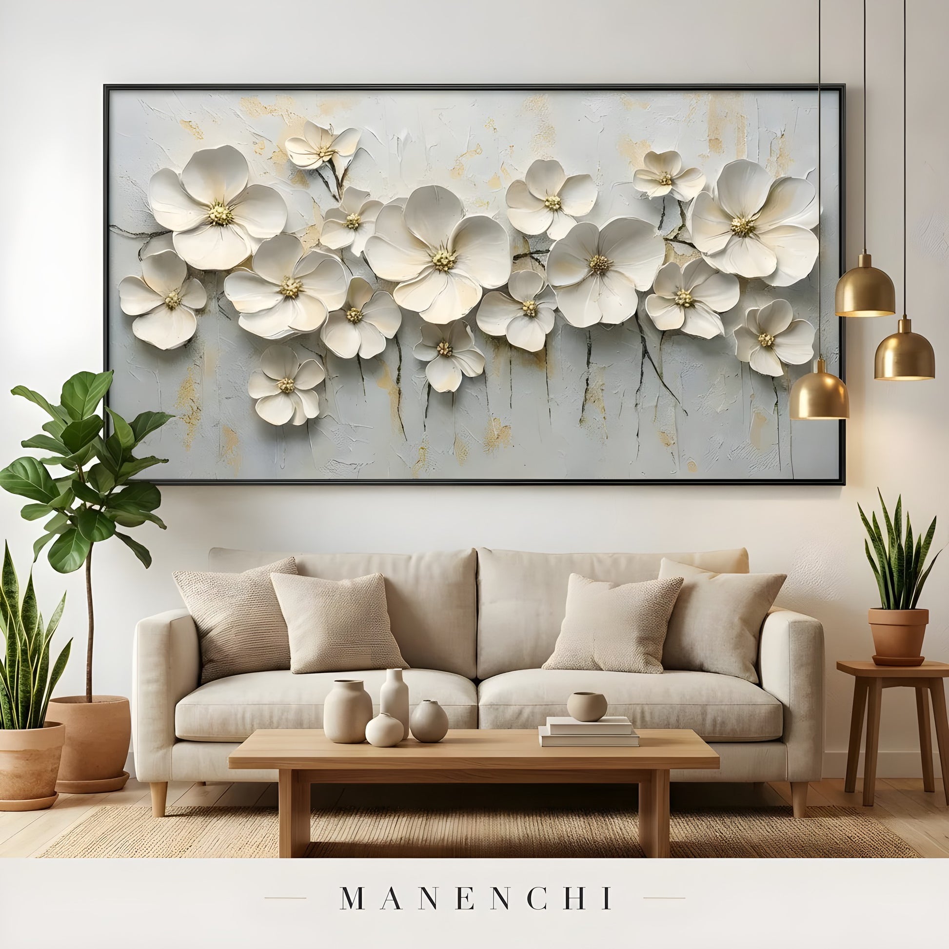 Ivory Petal Grace abstract painting displayed in modern living room
