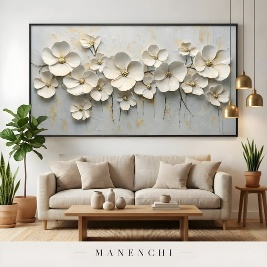 Ivory Petal Grace abstract painting displayed in modern living room