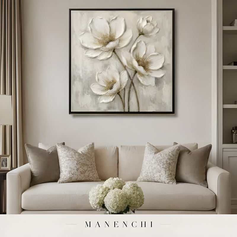 Ivory Petal Reverie abstract painting displayed in painting above neutral sofa