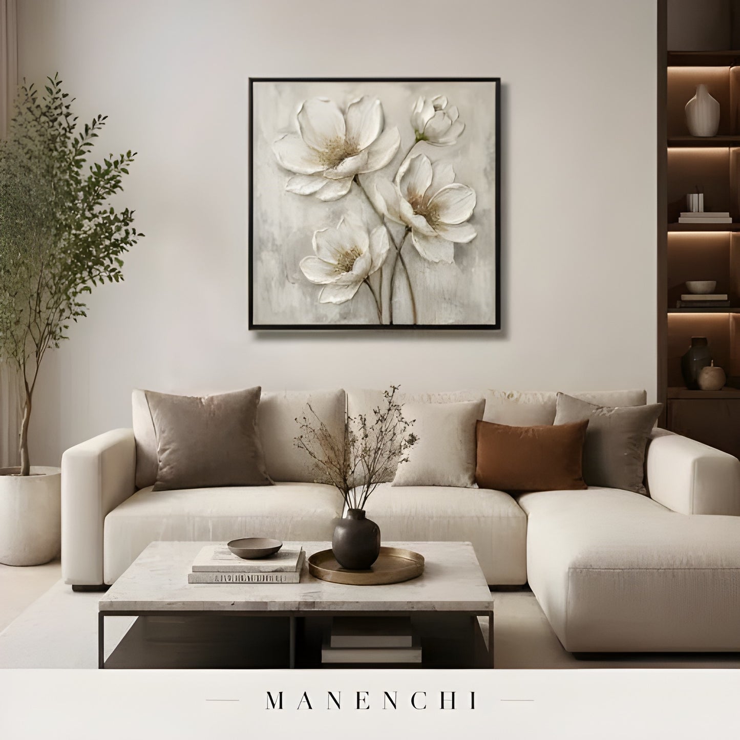 Ivory Petal Reverie abstract painting displayed in painting in living room interior
