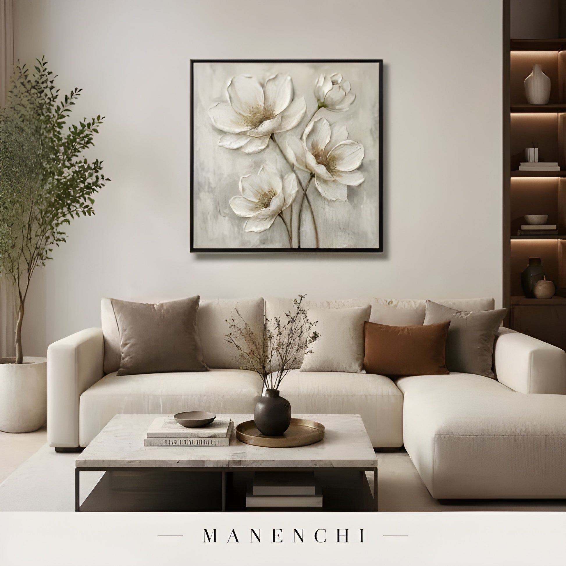 Ivory Petal Reverie abstract painting displayed in painting in living room interior