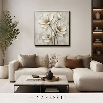 Ivory Petal Reverie abstract painting displayed in painting in living room interior