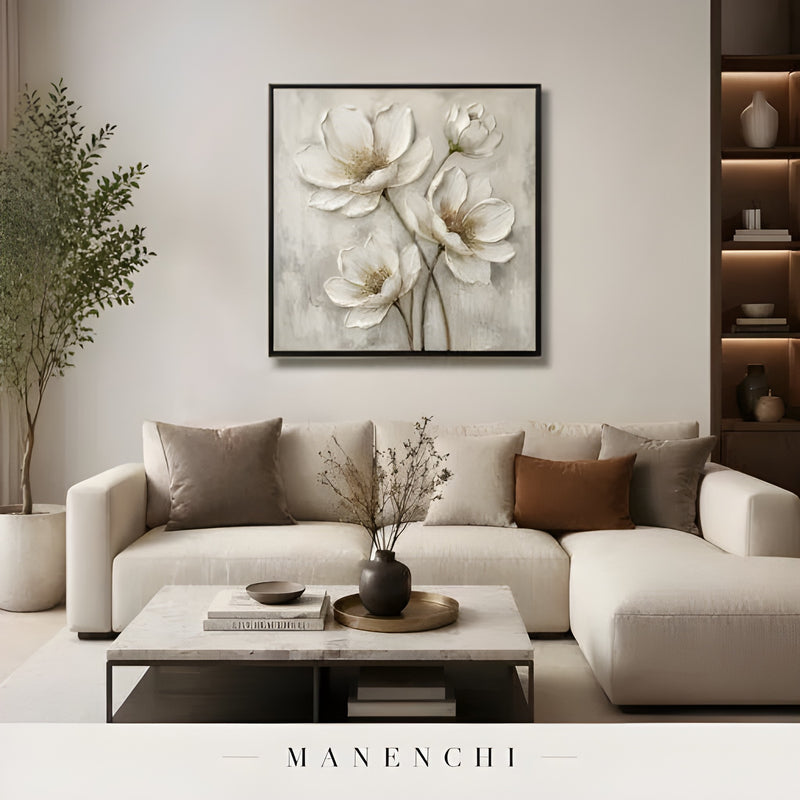 Ivory Petal Reverie abstract painting displayed in painting in living room interior