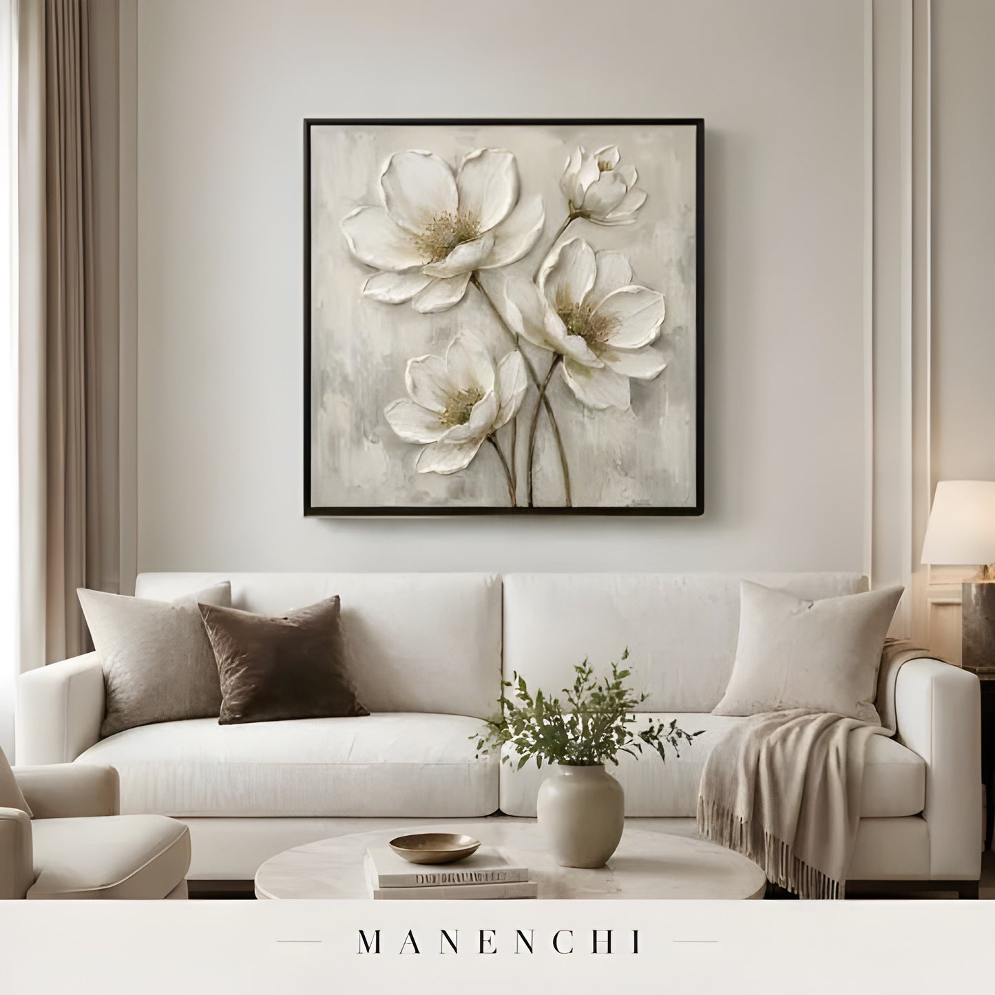Ivory Petal Reverie abstract painting displayed in wall art above sofa