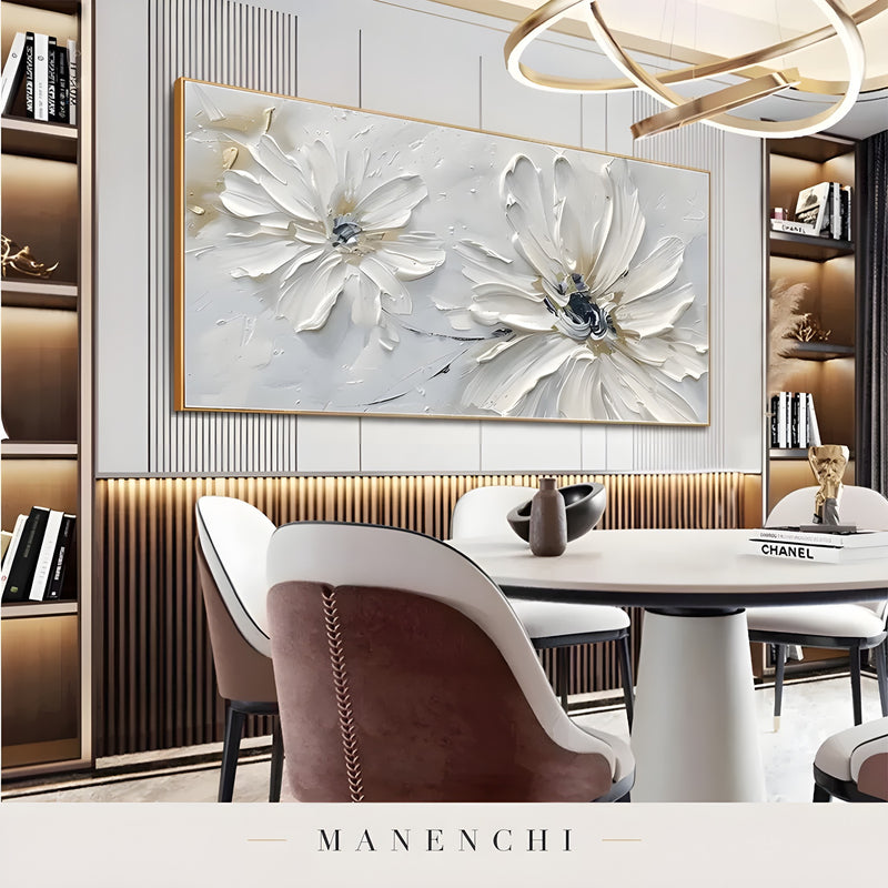 Ivory Petal Serenity abstract painting displayed in dining room wall decor