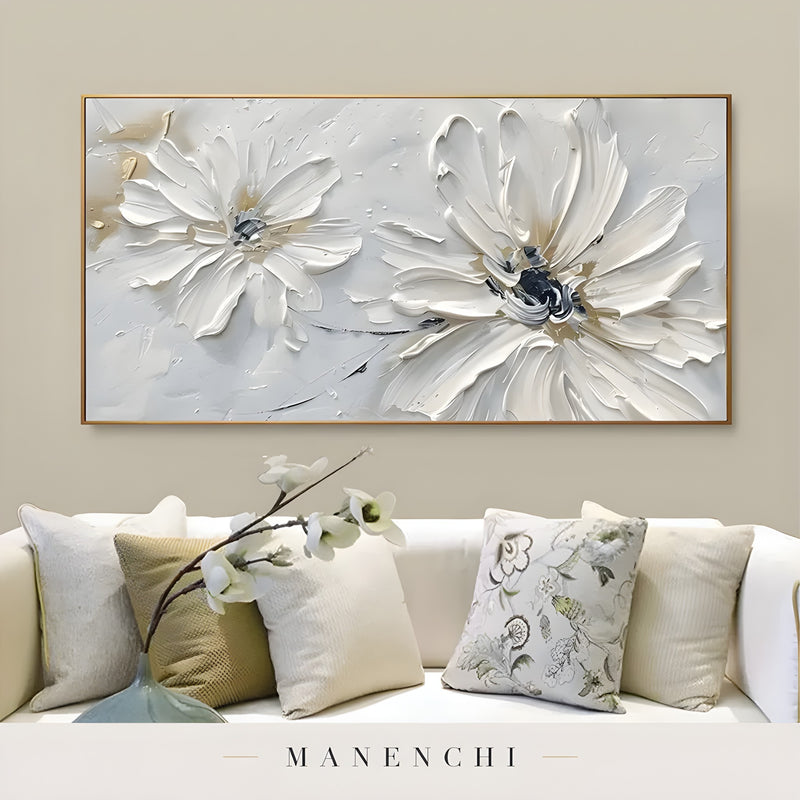 Ivory Petal Serenity abstract painting displayed in living room sofa display