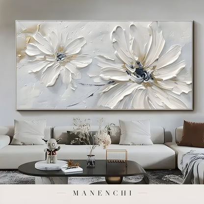 Ivory Petal Serenity abstract painting displayed in modern living room interior
