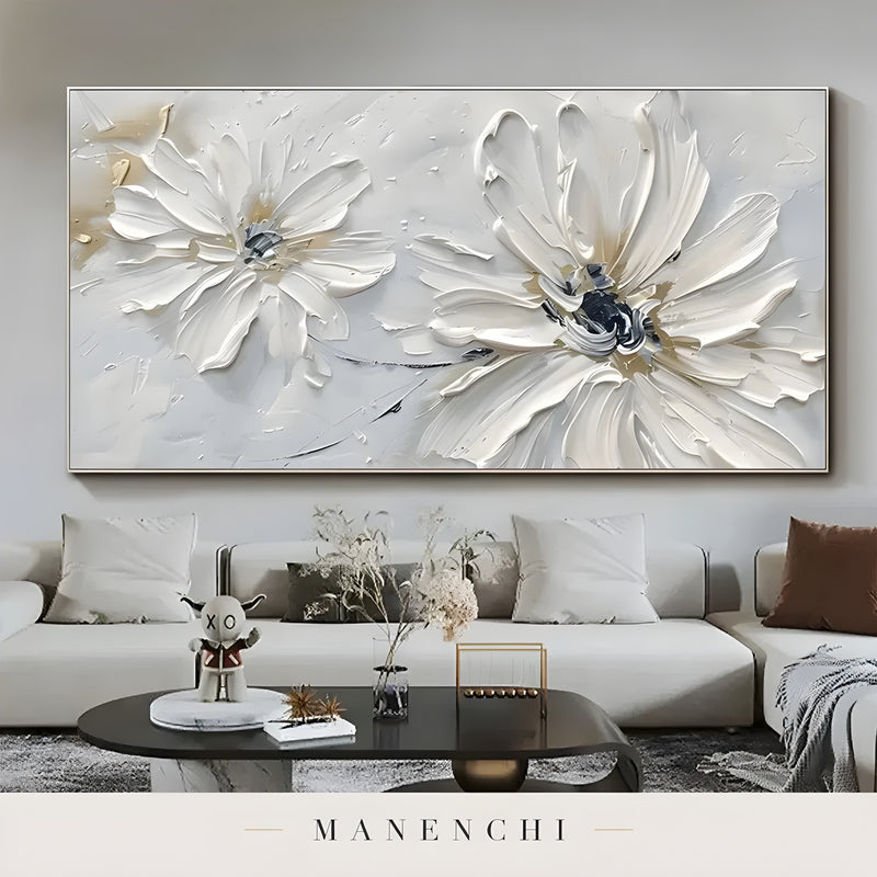 Ivory Petal Serenity abstract painting displayed in modern living room interior
