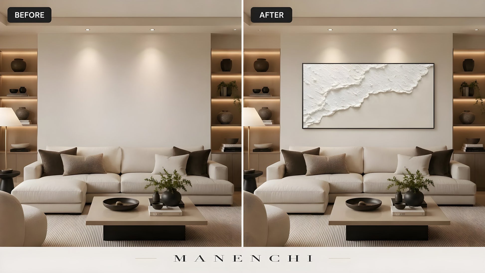 Ivory Sand Tidal original hand-painted abstract painting, before and after in a styled room