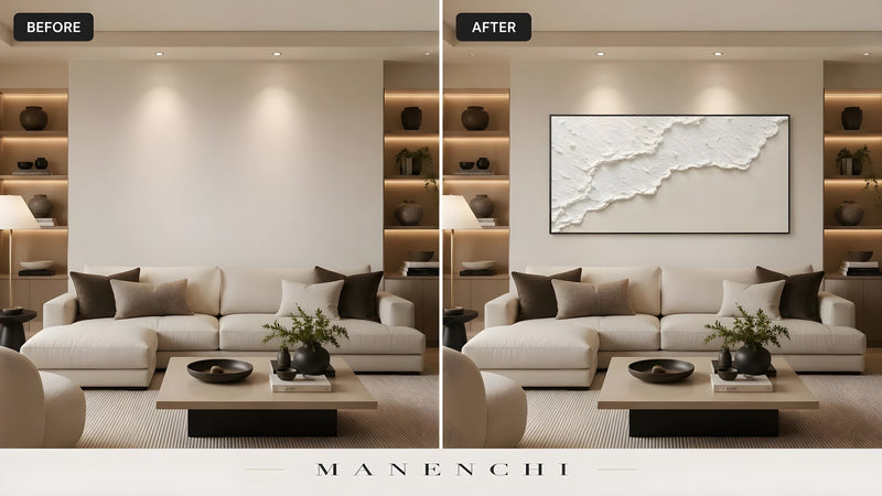 Ivory Sand Tidal original hand-painted abstract painting, before and after in a styled room
