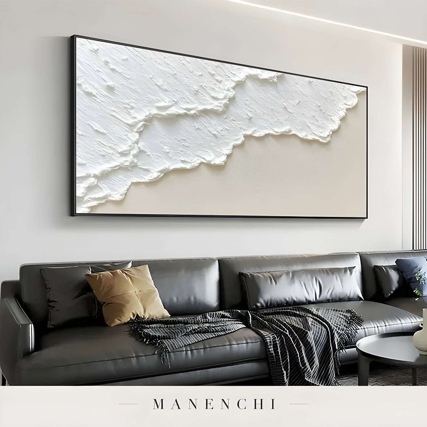 Ivory Sand Tidal abstract painting displayed in black leather sofa interior