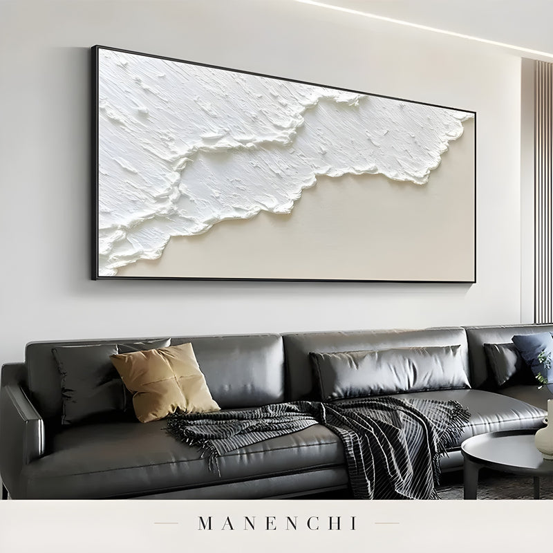 Ivory Sand Tidal abstract painting displayed in black leather sofa interior