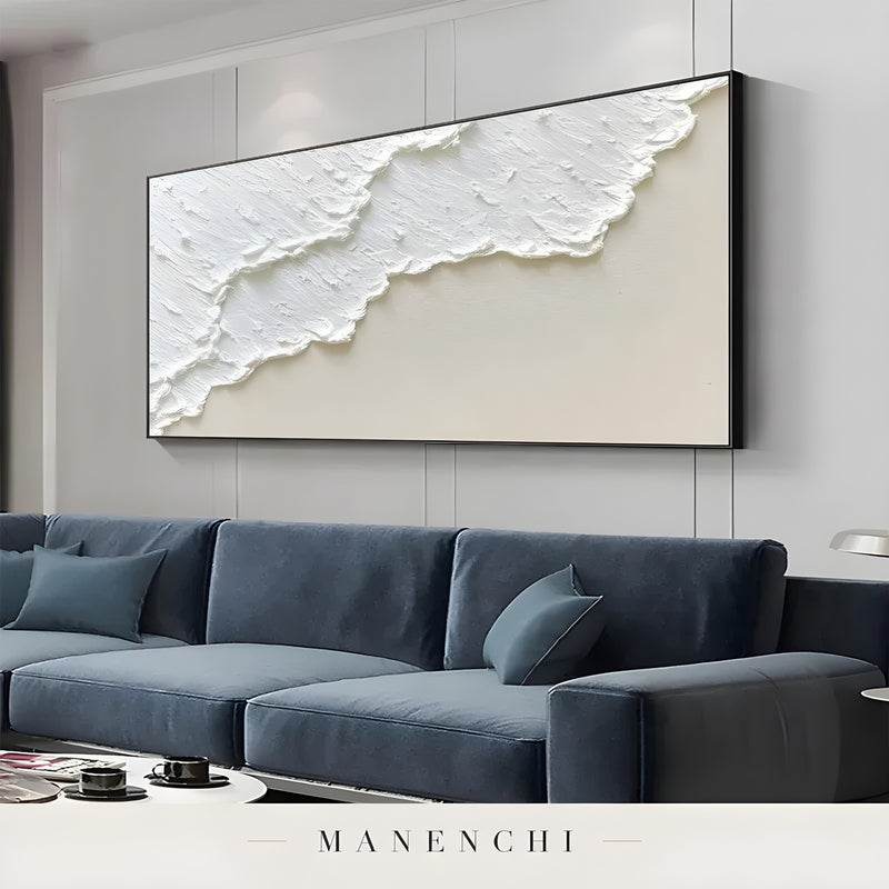 Ivory Sand Tidal abstract painting displayed in blue sofa living room