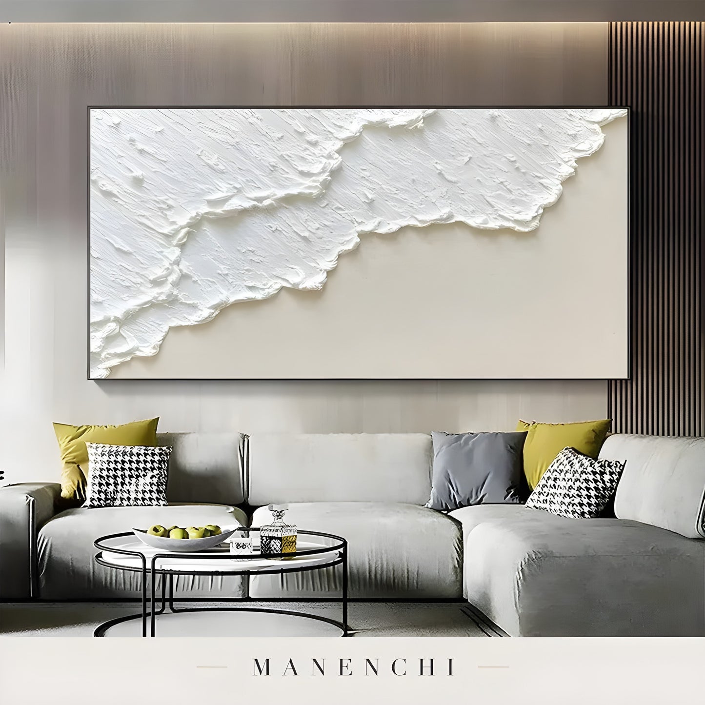 Ivory Sand Tidal abstract painting displayed in living room sofa display