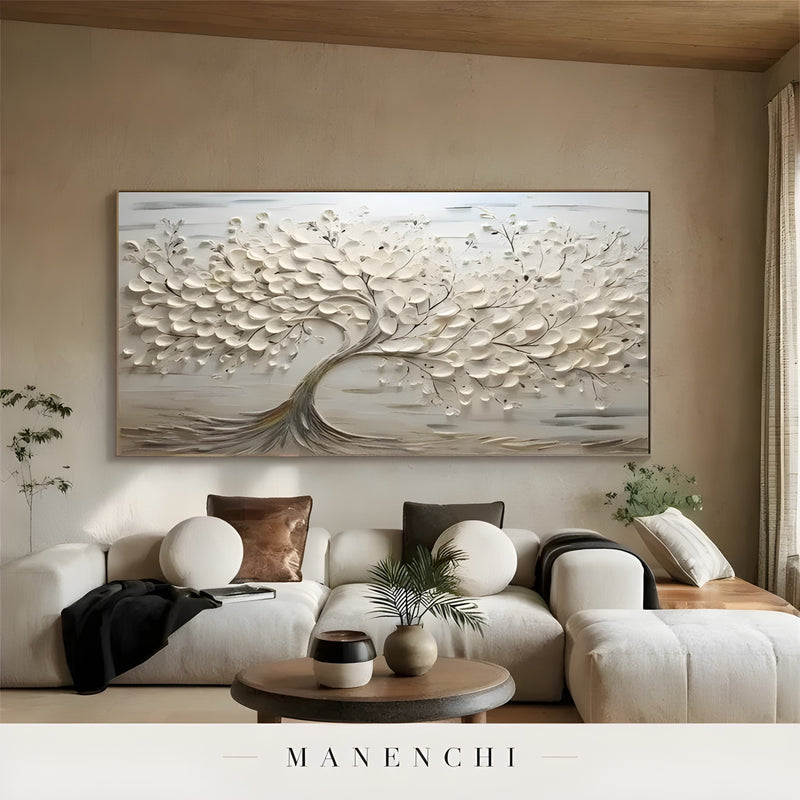 Ivory Sculptural Arboreal abstract painting displayed in cozy living space