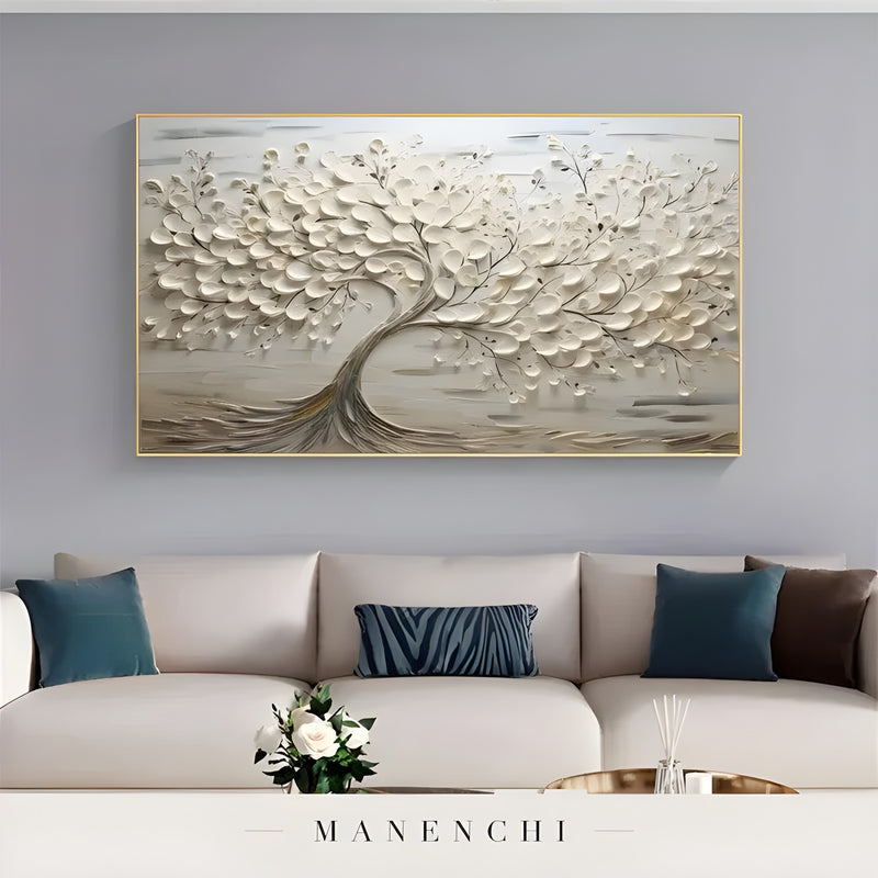 Ivory Sculptural Arboreal abstract painting displayed in grey living room