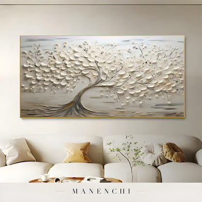 Ivory Sculptural Arboreal abstract painting displayed in living room sofa