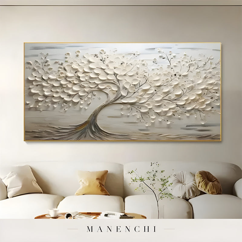 Ivory Sculptural Arboreal abstract painting displayed in living room sofa