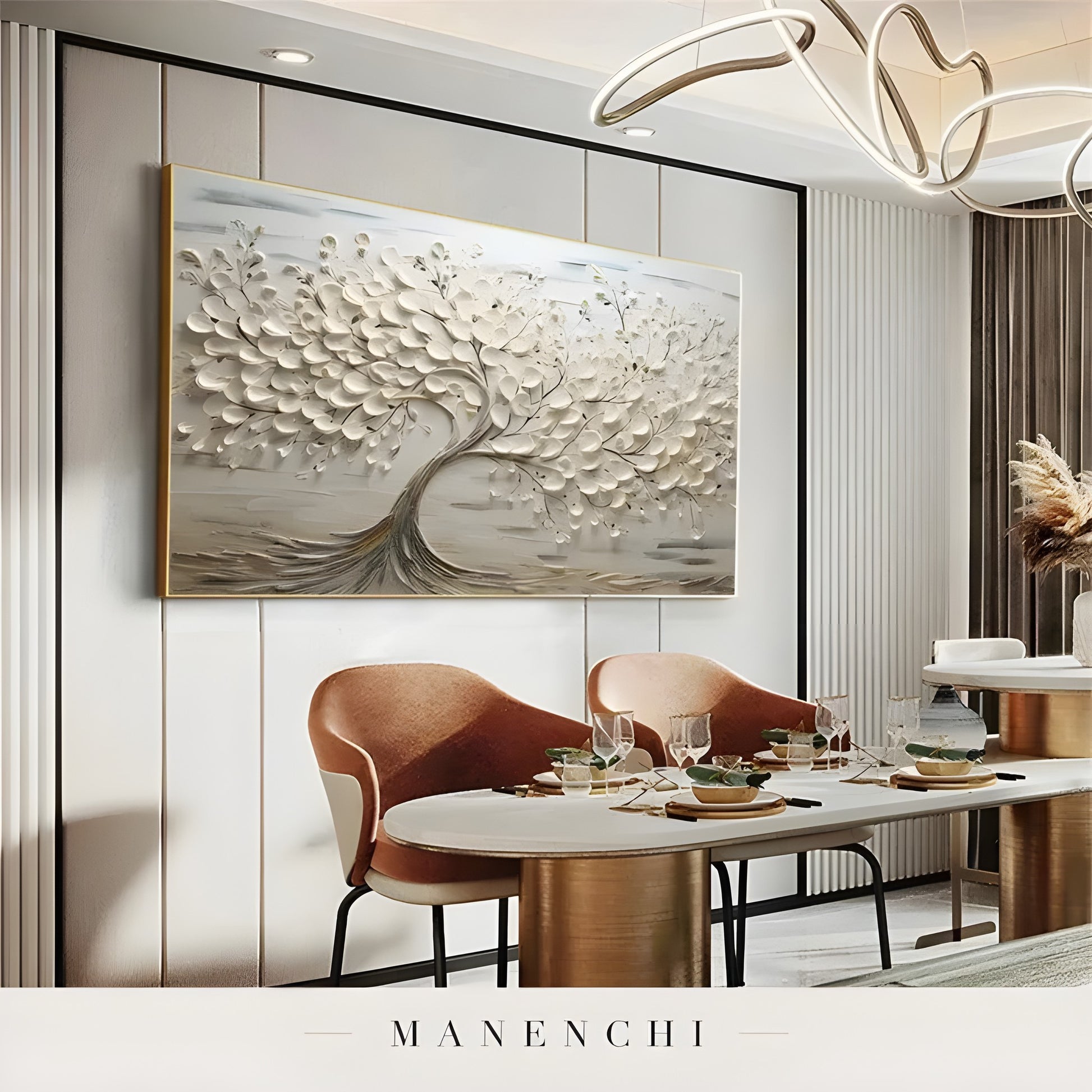 Ivory Sculptural Arboreal abstract painting displayed in luxury dining room